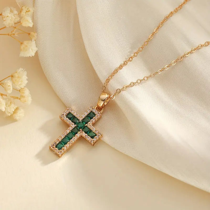Solene Collana con Ciondolo Croce Smeraldo