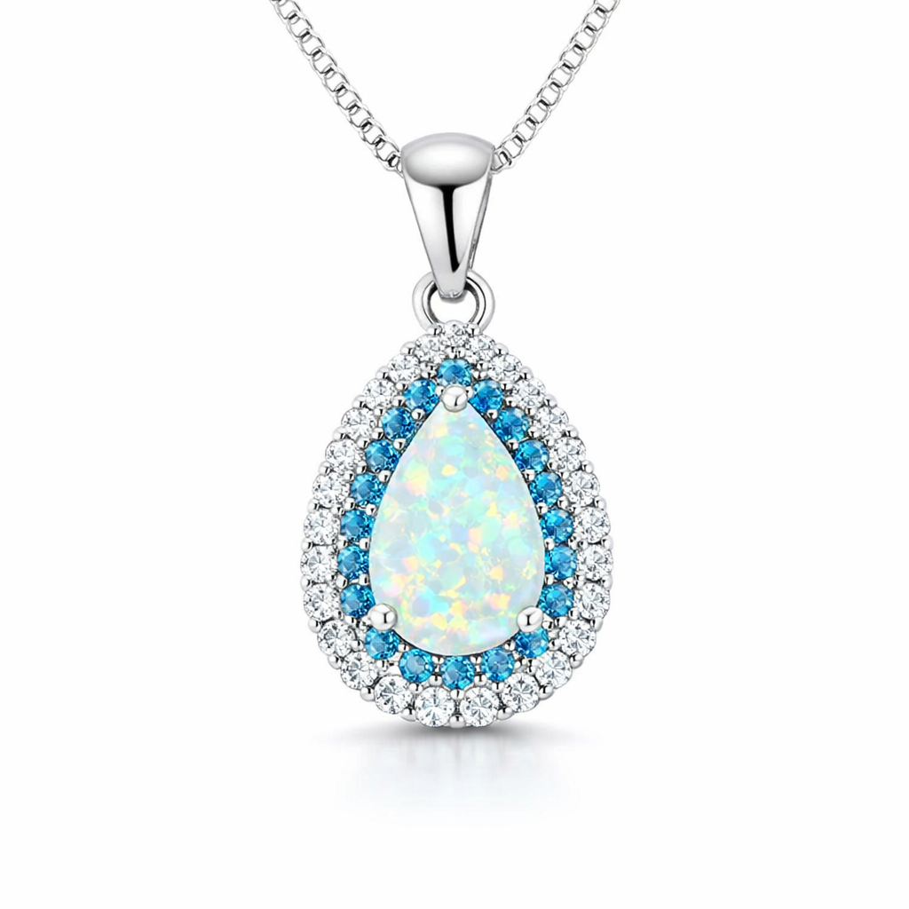 Collana Pendente Opale Blu Brillante Elegante Oro bianco