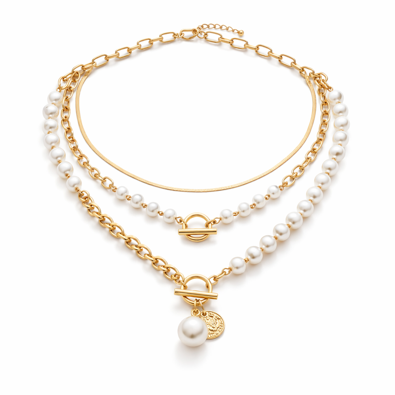 Parure Collana Catena Serpente con Perla Stile Vintage Oro giallo