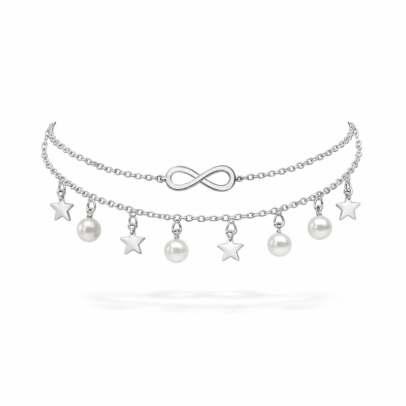 Cavigliera Infinito con Perle e Stelle Oro bianco