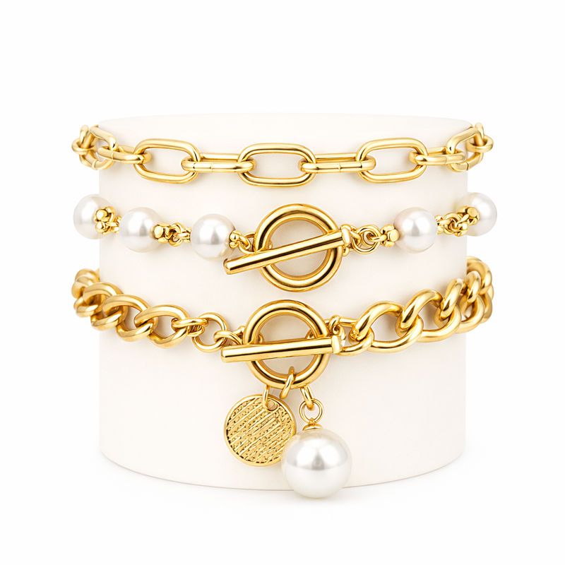 Parure Bracciali Chic 4 Pezzi Serpente Perle e Maglie Oro giallo