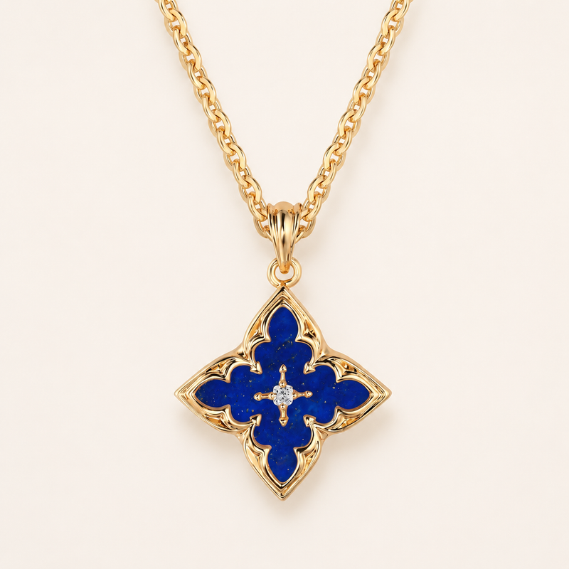 Collana con Ciondolo Quadrifoglio Blu Oro giallo