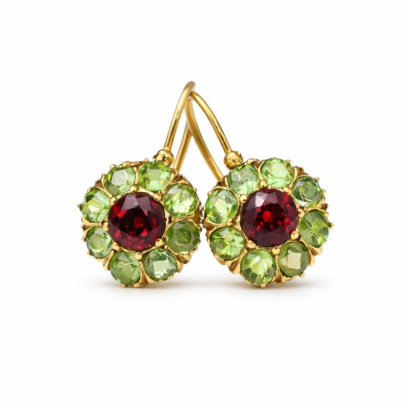 Orecchini Cristallo Verde e Rosso Tondi Stile Vintage Oro giallo
