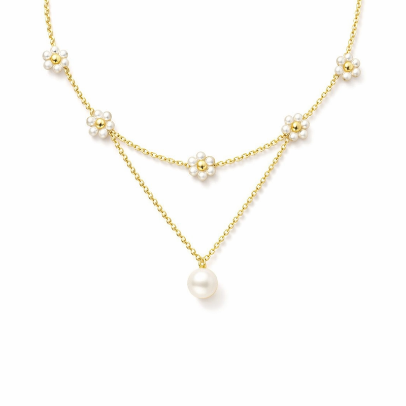 Collana Strati Perla Floreale Oro giallo