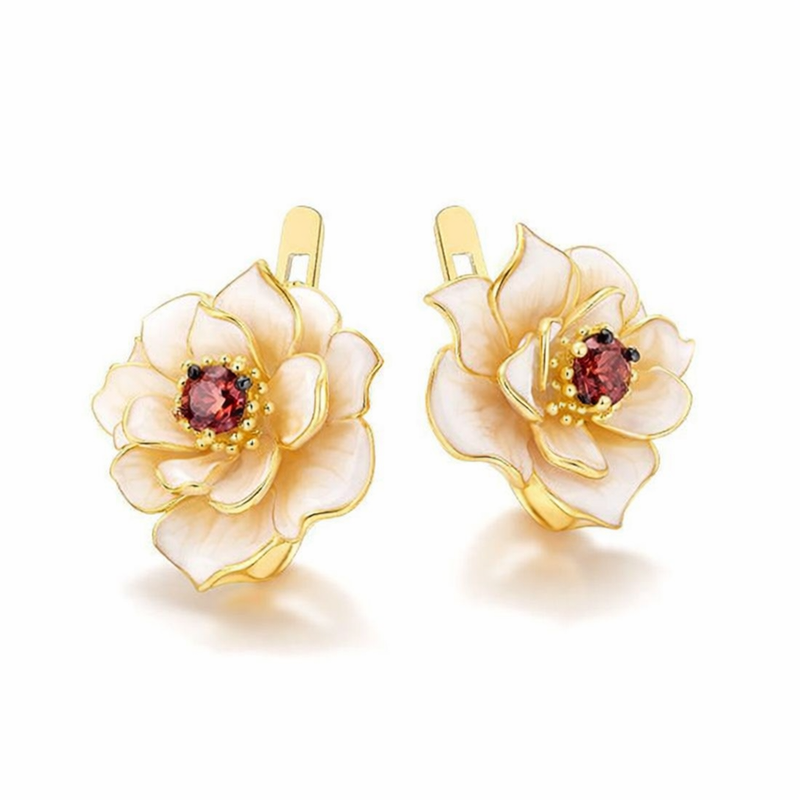 Orecchini Zircone Rosso Fiore Bianco
