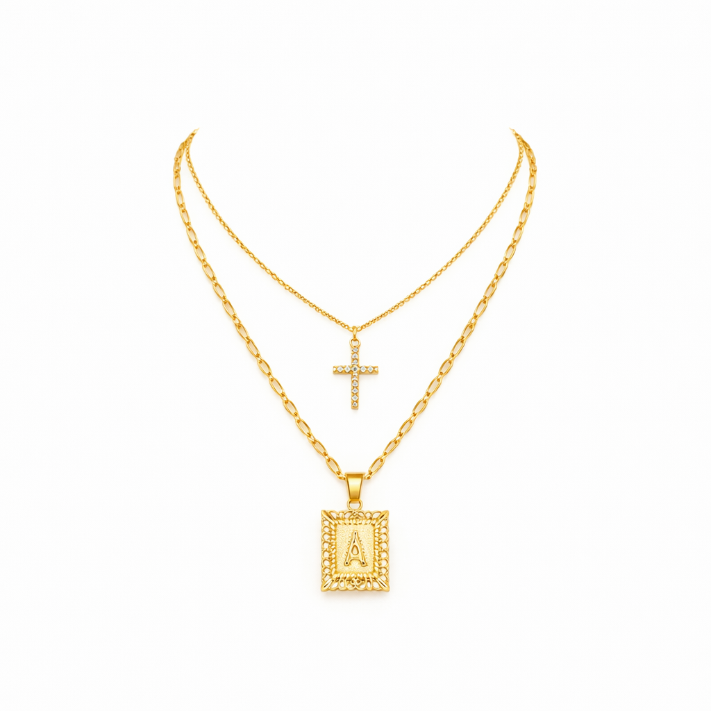 Parure Collana con Iniziale e Croce Oro giallo