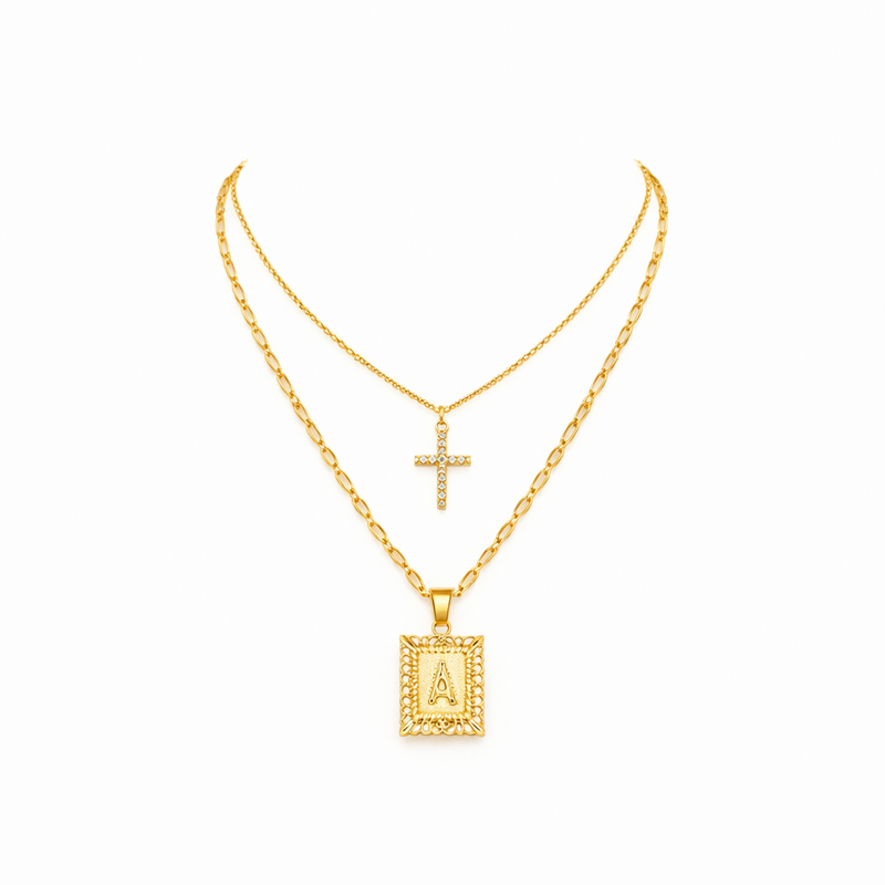 Parure Collana con Iniziale e Croce Oro giallo