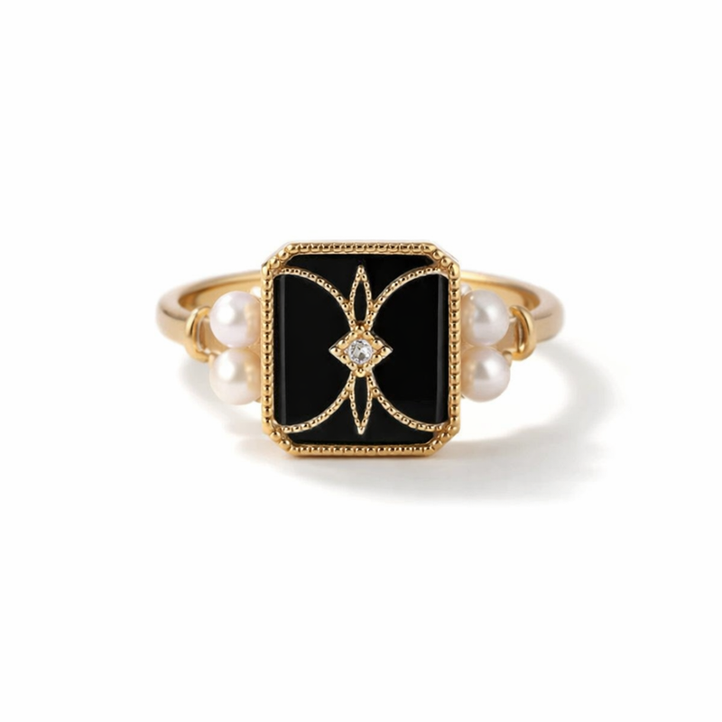 Anello Dorato Perla Nera Antico Oro giallo