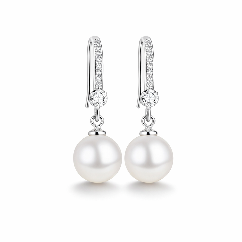 Orecchini Pendenti Zircone e Perla Lucidi Oro bianco