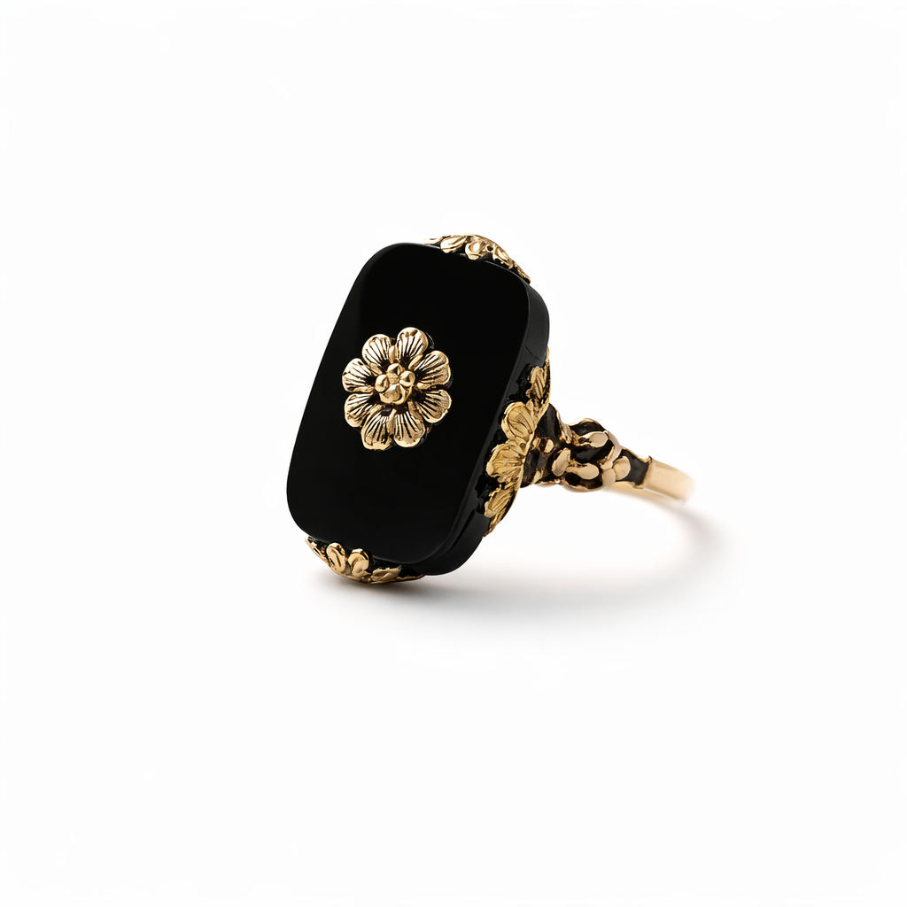 Anello Pietra Nera Stile Vintage Oro giallo