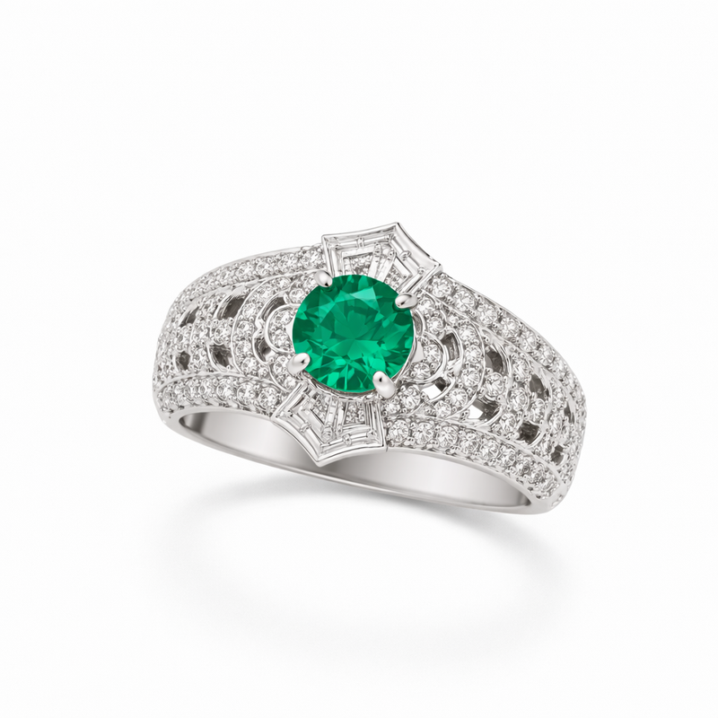 Anello Art Deco Smeraldo Oro bianco