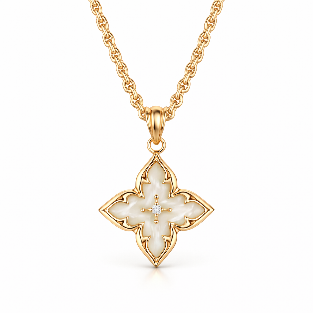 Collana con Ciondolo Quadrifoglio bianco Oro giallo