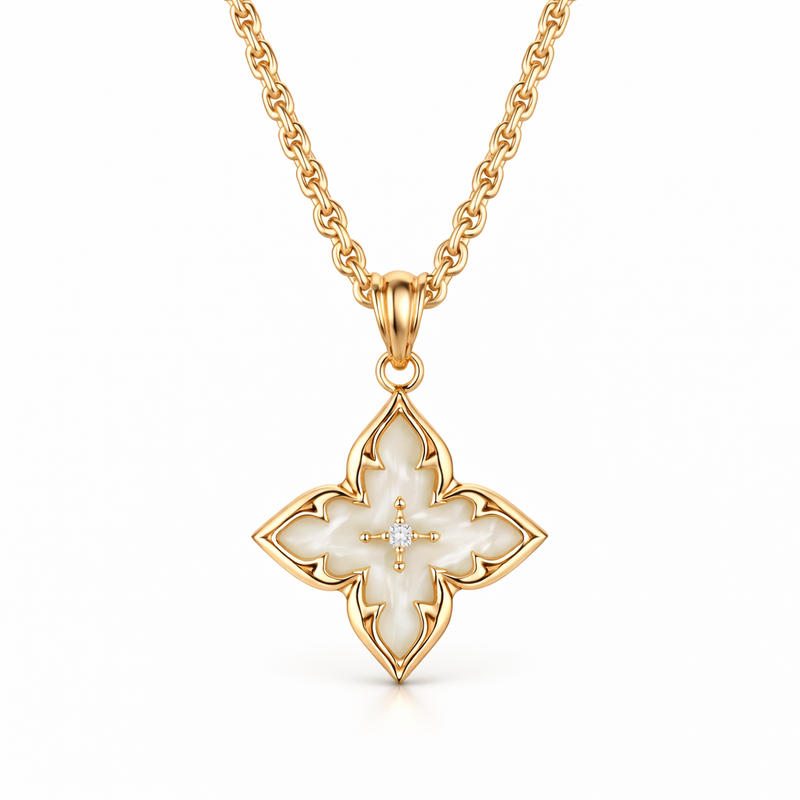 Collana con Ciondolo Quadrifoglio bianco Oro giallo