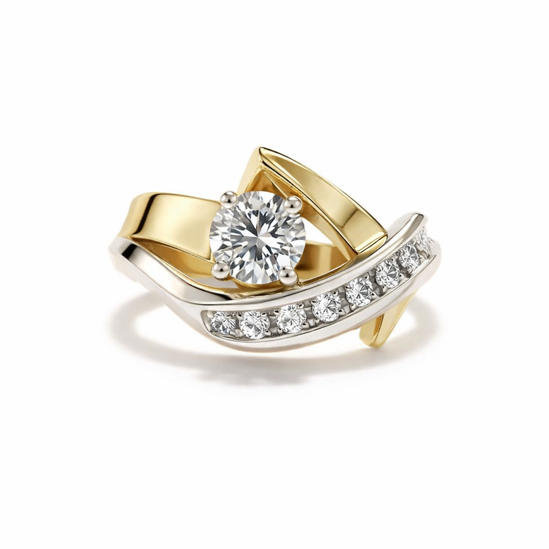 Anello Zircone Oro e Argento Irregolare Antico Oro misto