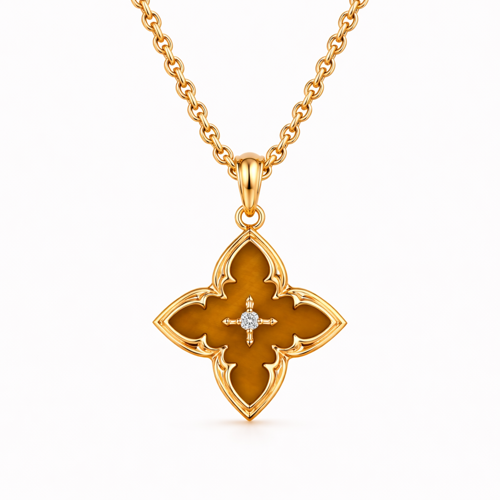 Collana con Ciondolo Quadrifoglio Marrone Oro giallo