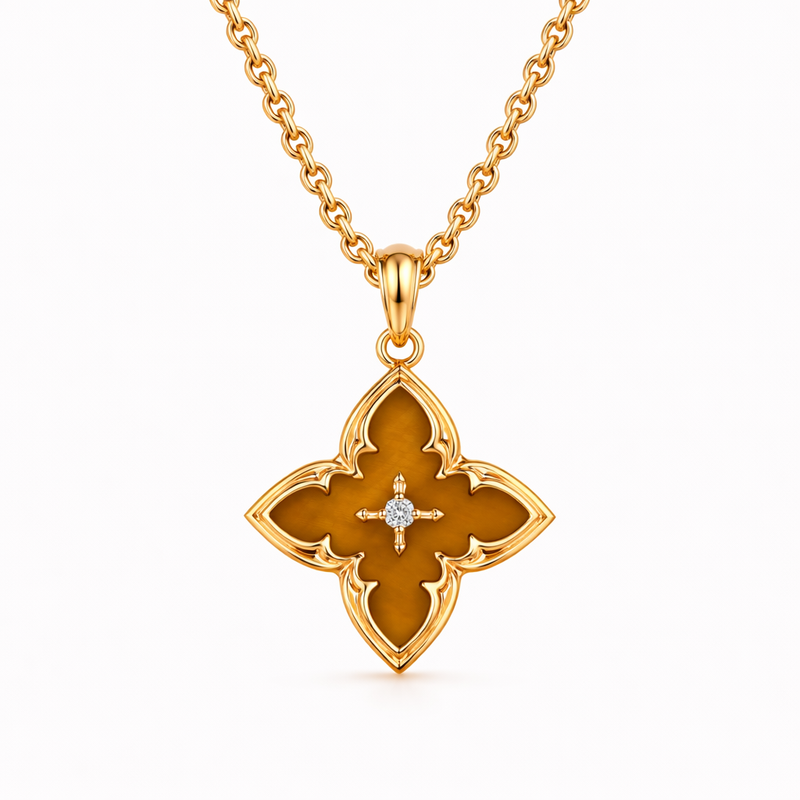 Collana con Ciondolo Quadrifoglio Marrone Oro giallo