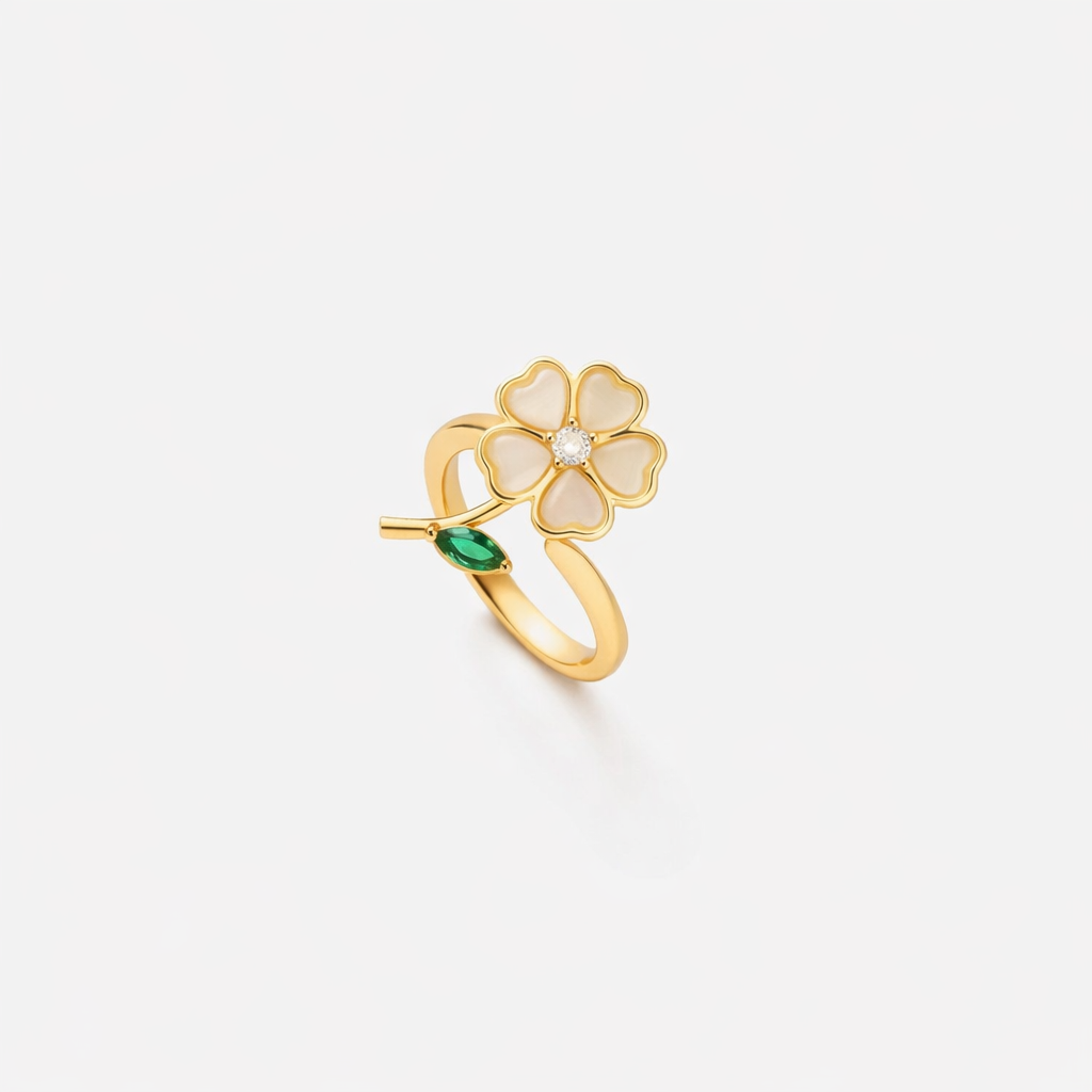 Anello Girevole Fiore e Foglia Smeraldo Oro giallo