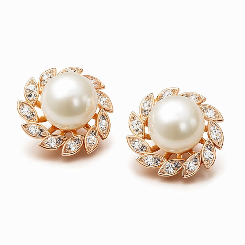 Orecchini Perla e Foglie Brillanti Squisiti Oro giallo