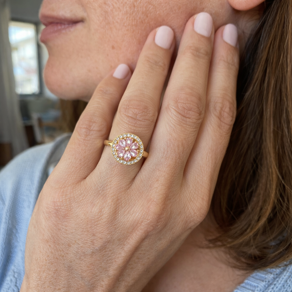 Anello Girevole Fioritura Cuore rosa Oro giallo