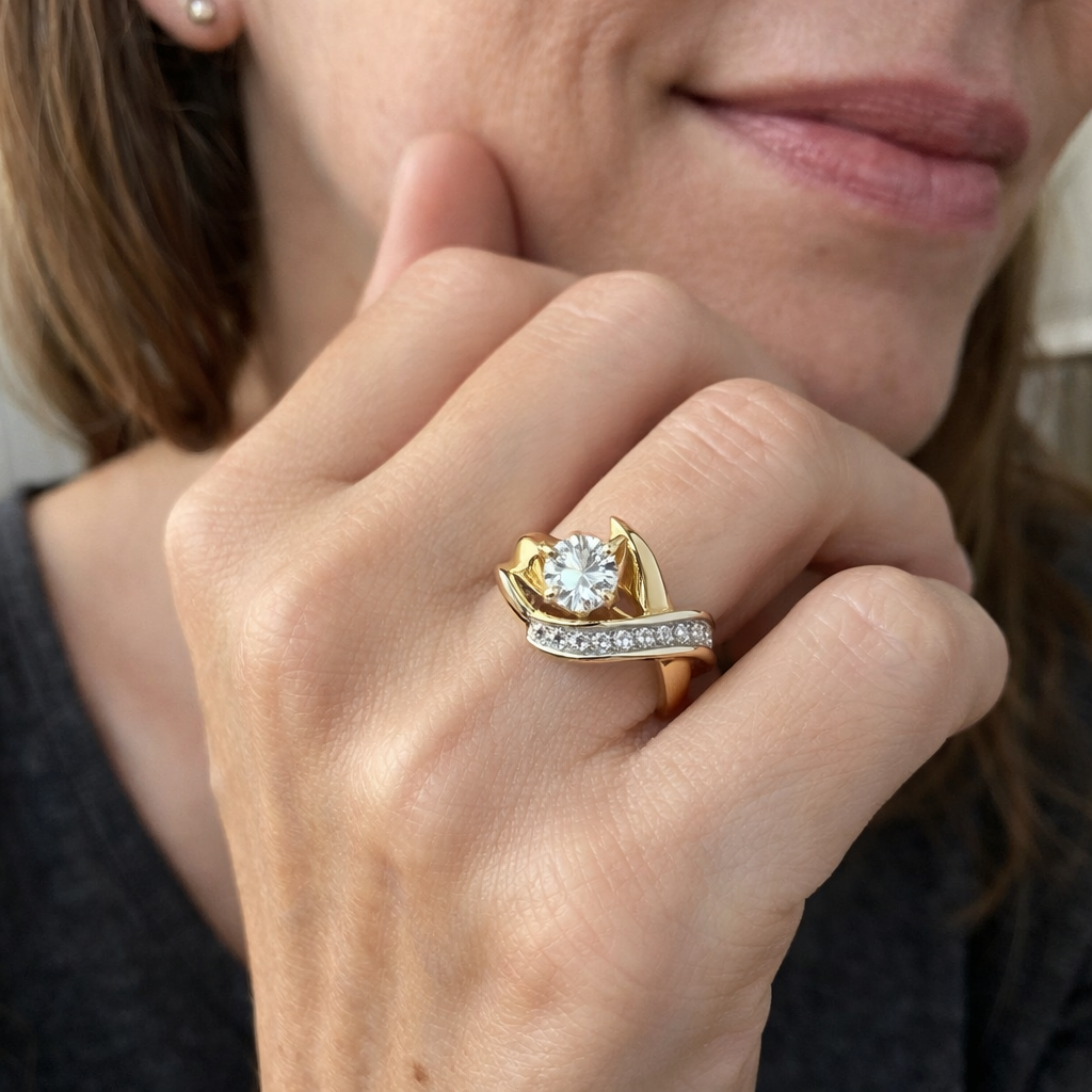 Anello Zircone Oro e Argento Irregolare Antico Oro misto