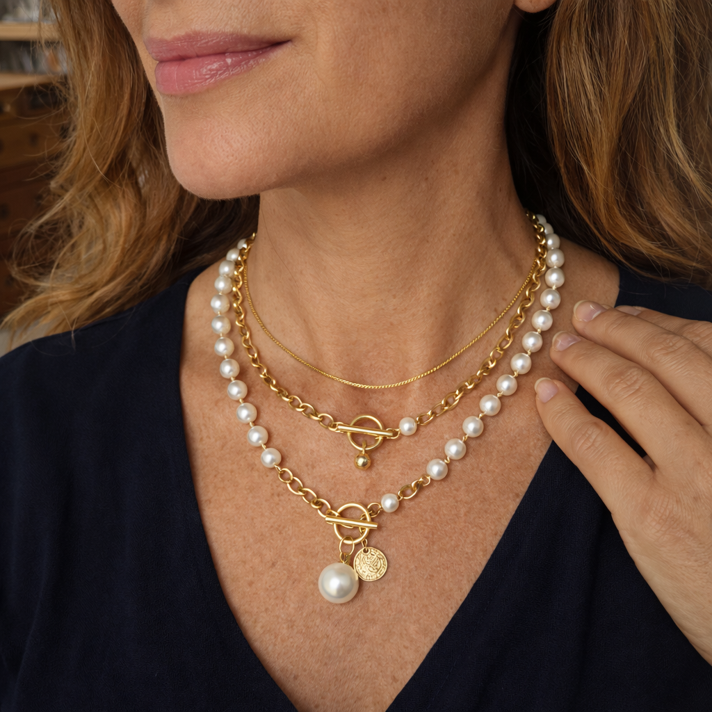 Parure Collana Catena Serpente con Perla Stile Vintage Oro giallo