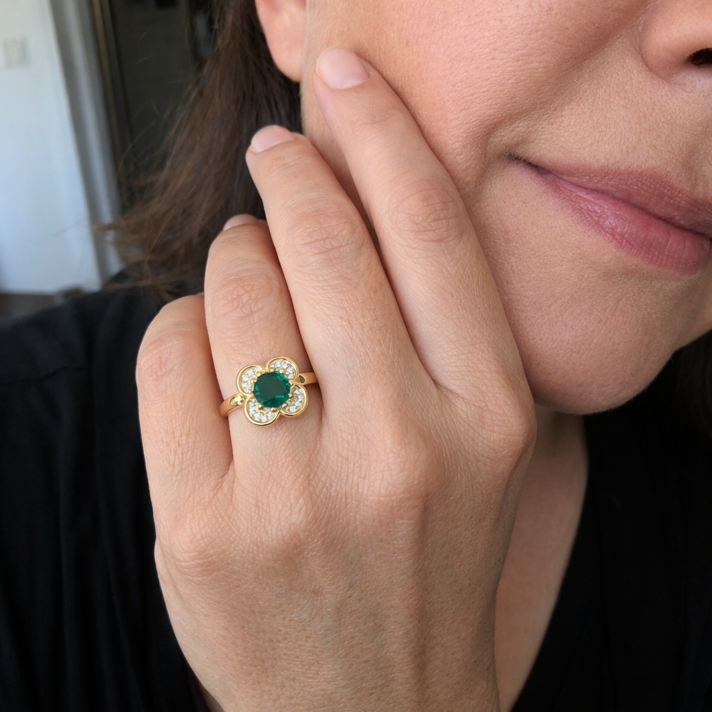 Anello Girevole Halo Quadrifoglio Smeraldo Oro giallo