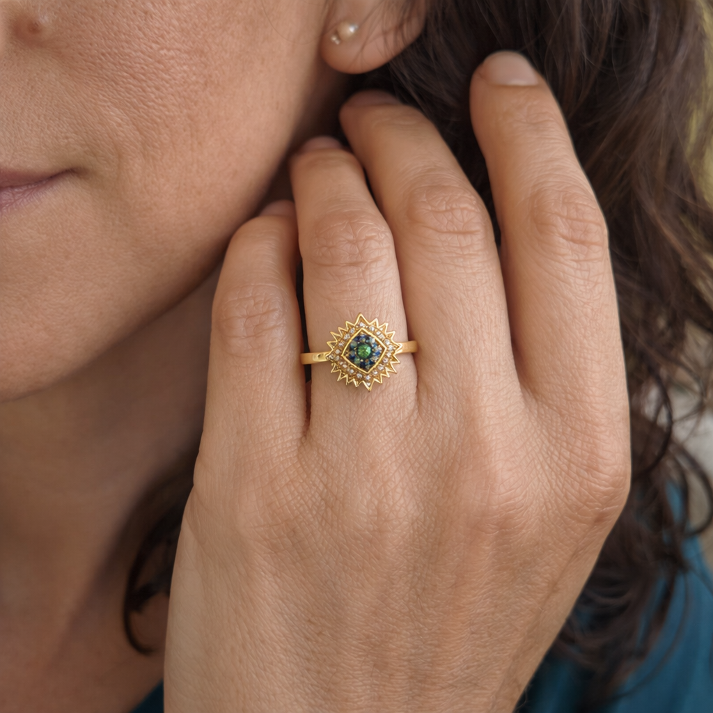 Anello Girevole Sunburst Zaffiro Oro giallo