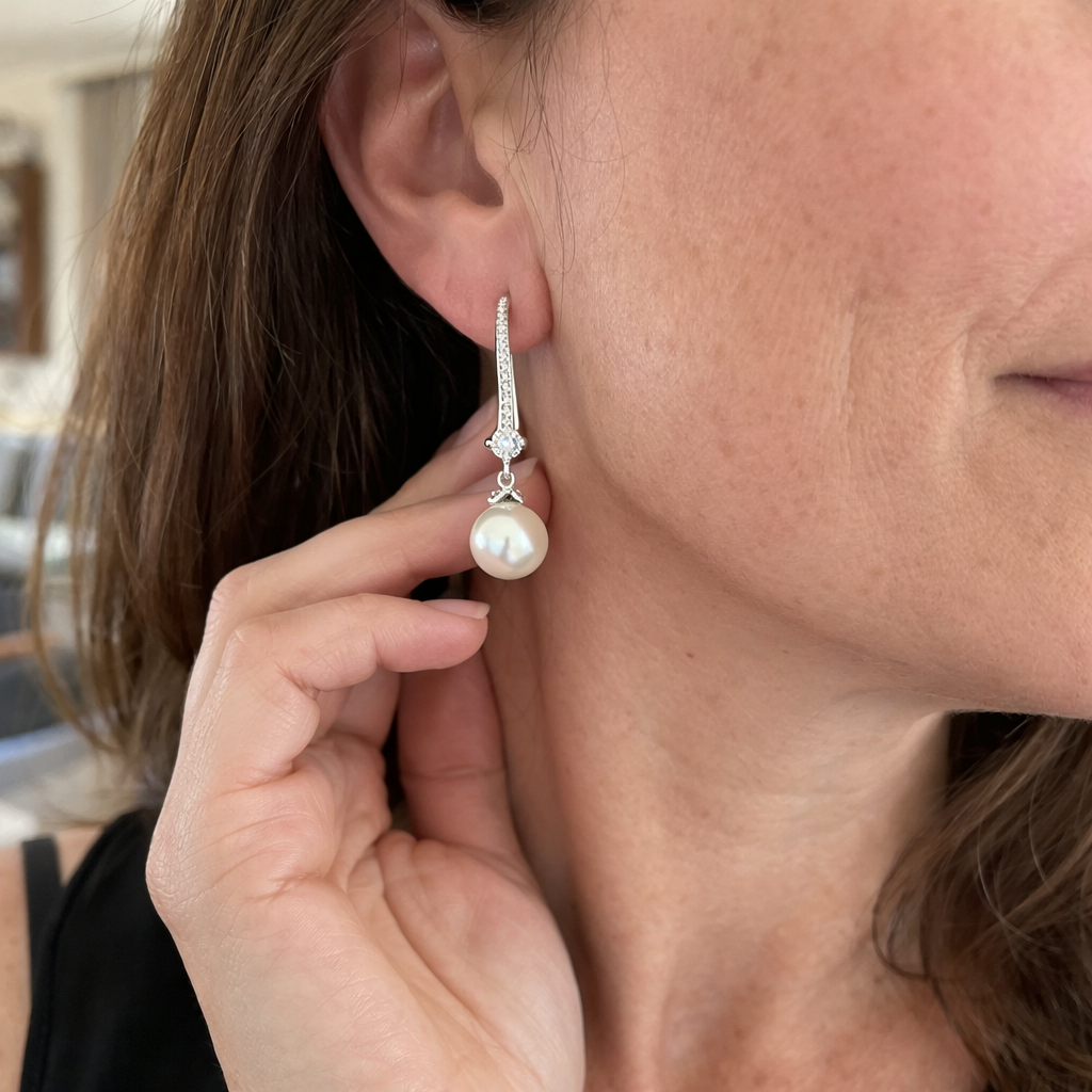 Orecchini Pendenti Zircone e Perla Lucidi Oro bianco