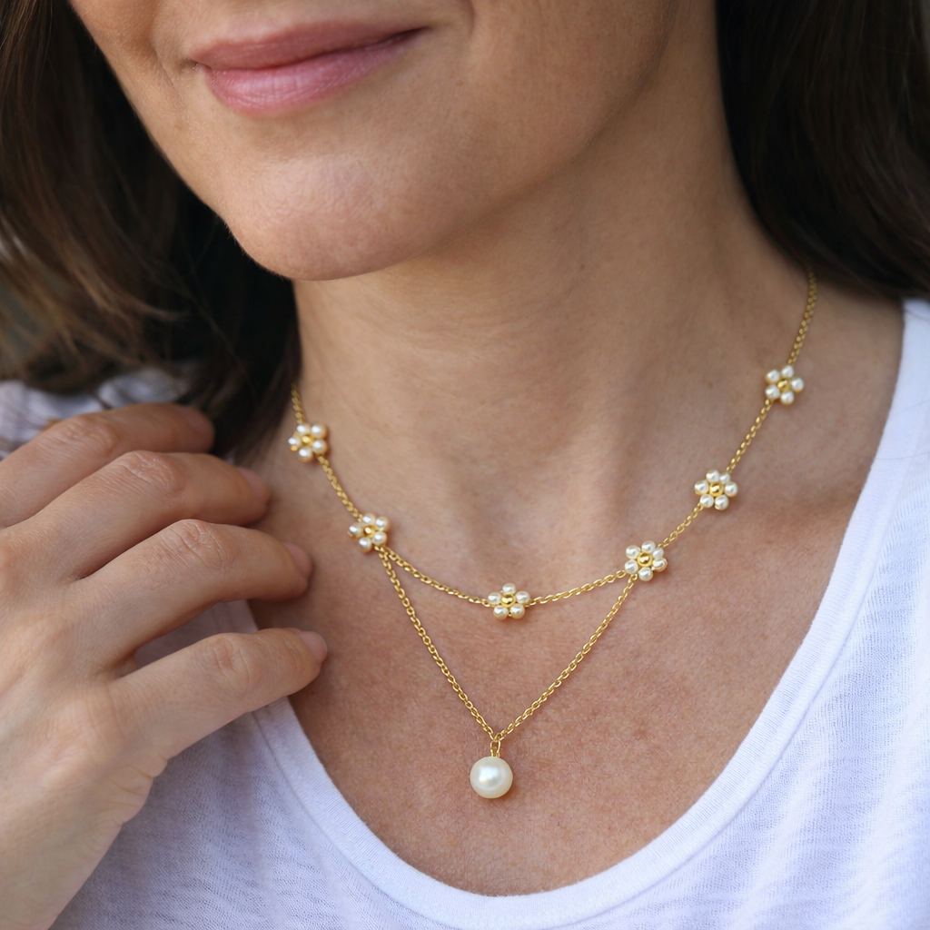 Collana Strati Perla Floreale Oro giallo