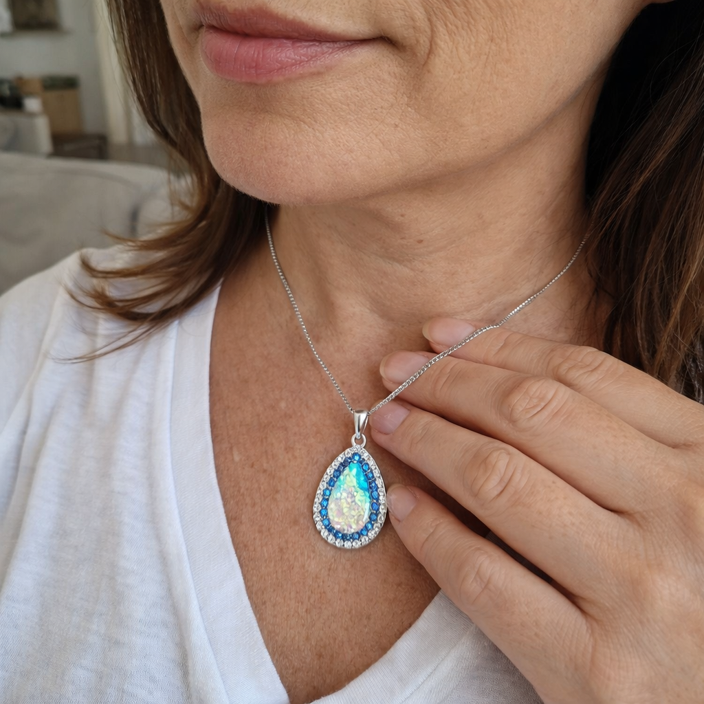 Collana Pendente Opale Blu Brillante Elegante Oro bianco