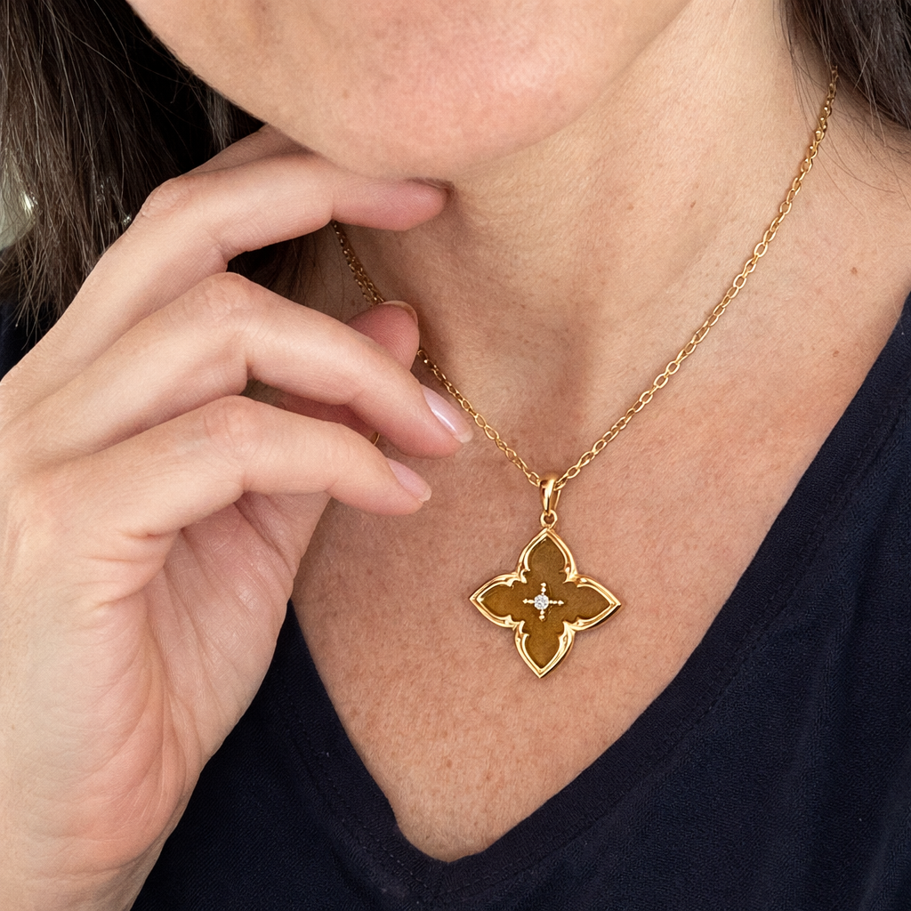Collana con Ciondolo Quadrifoglio Marrone Oro giallo