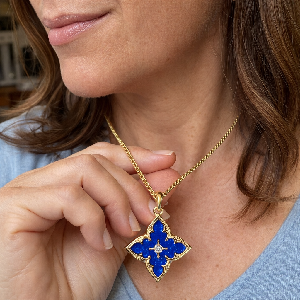 Collana con Ciondolo Quadrifoglio Blu Oro giallo