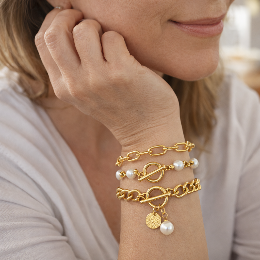 Parure Bracciali Chic 4 Pezzi Serpente Perle e Maglie Oro giallo