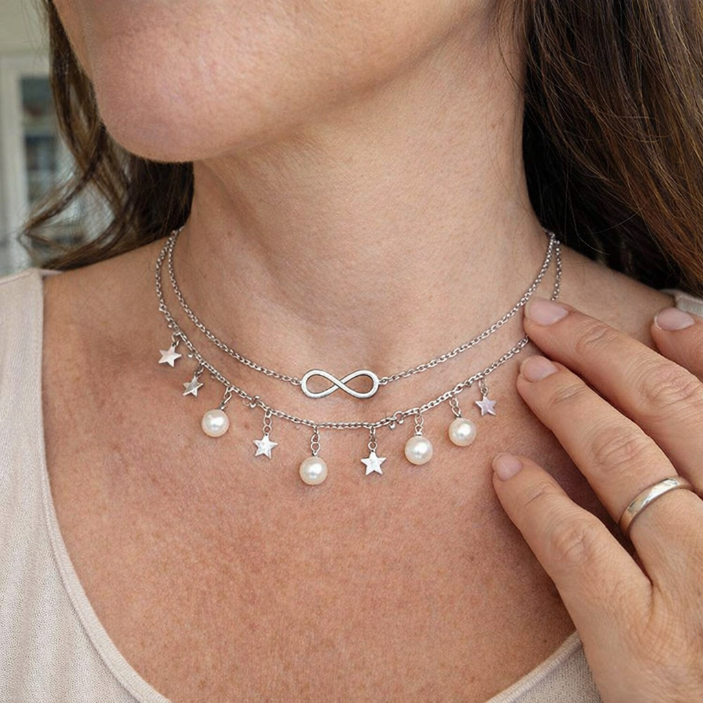 Cavigliera Infinito con Perle e Stelle Oro bianco