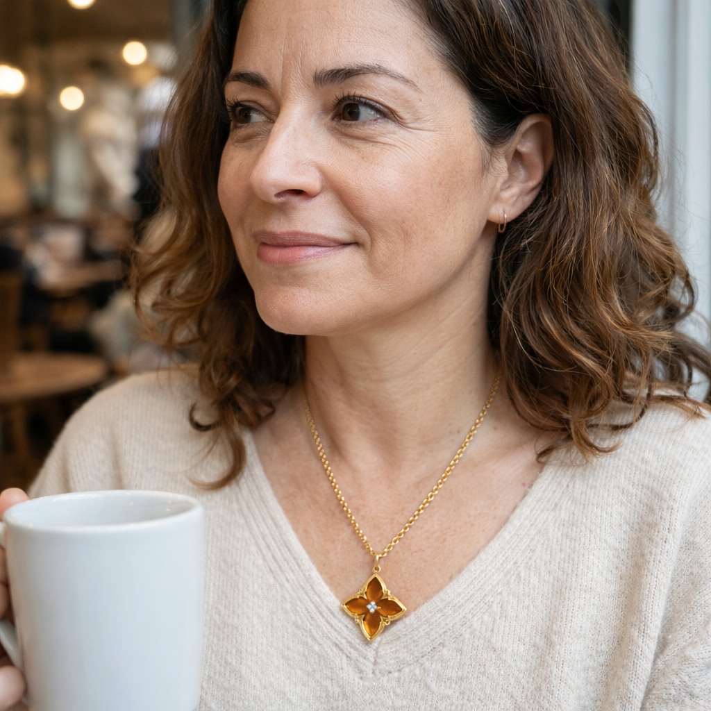 Collana con Ciondolo Quadrifoglio Marrone Oro giallo