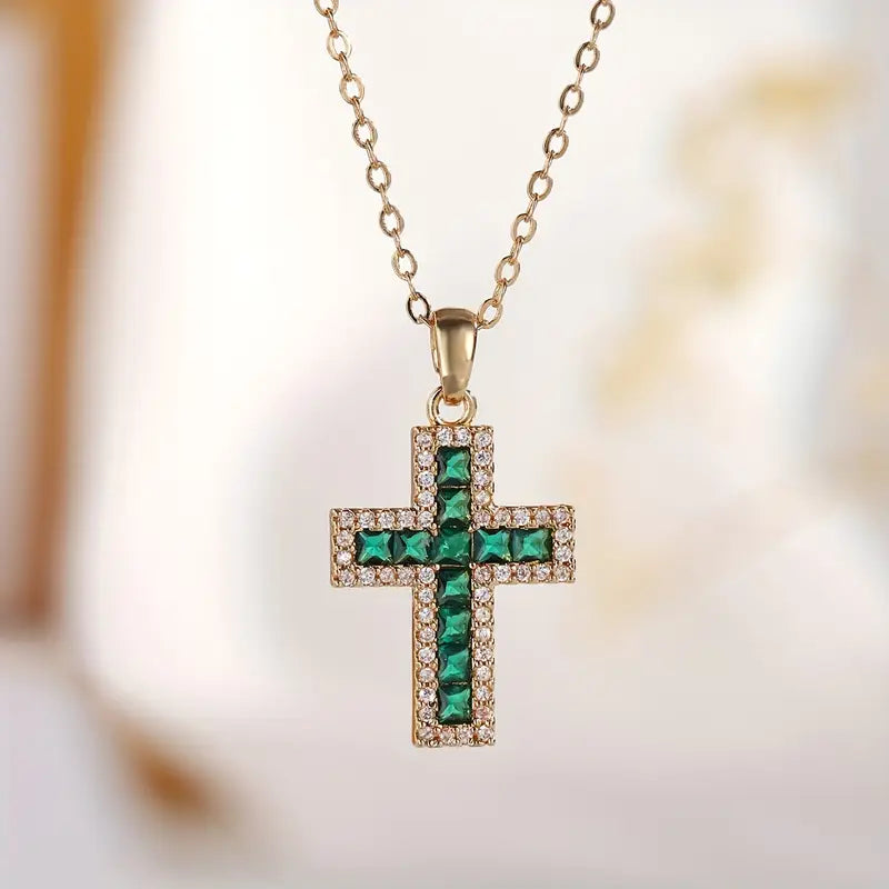 Solene Collana con Ciondolo Croce Smeraldo