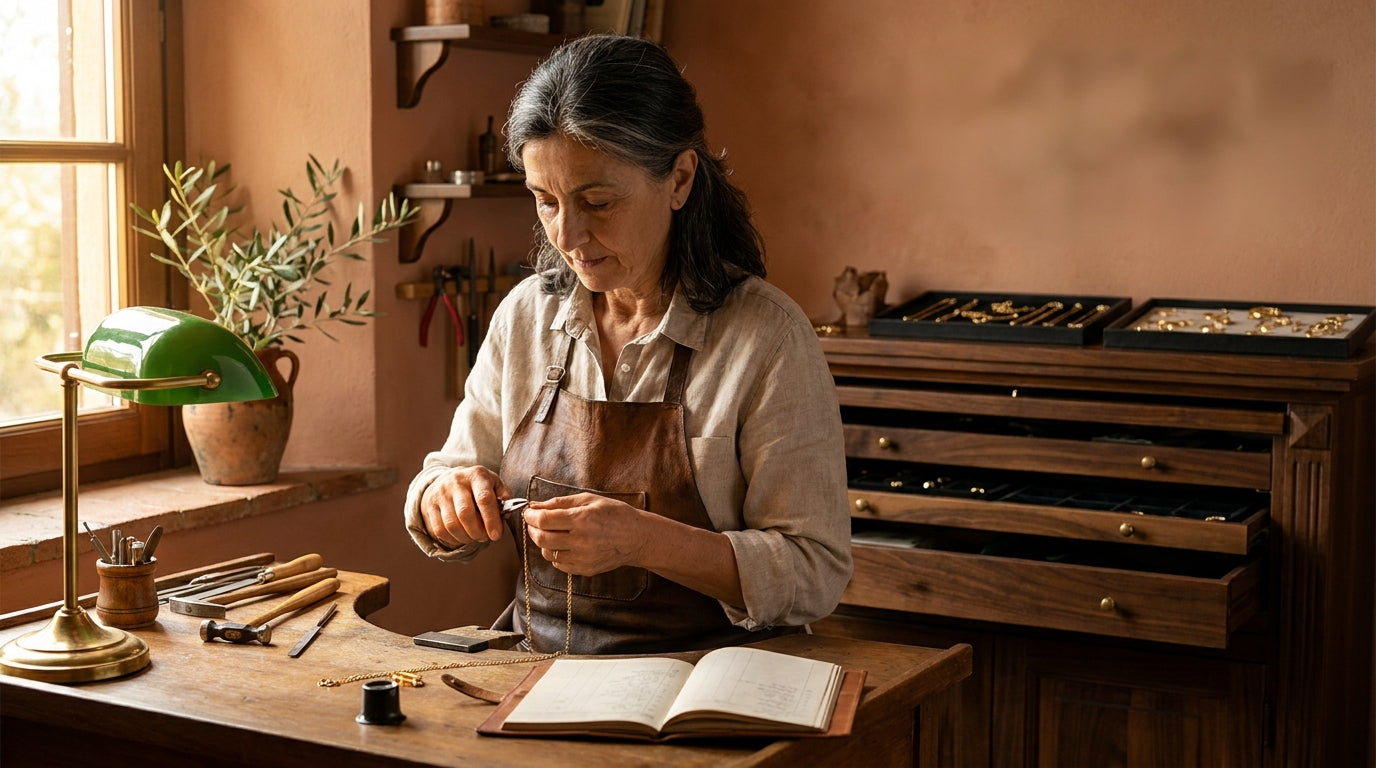 Elena Fiorini al banco della bottega di Arezzo