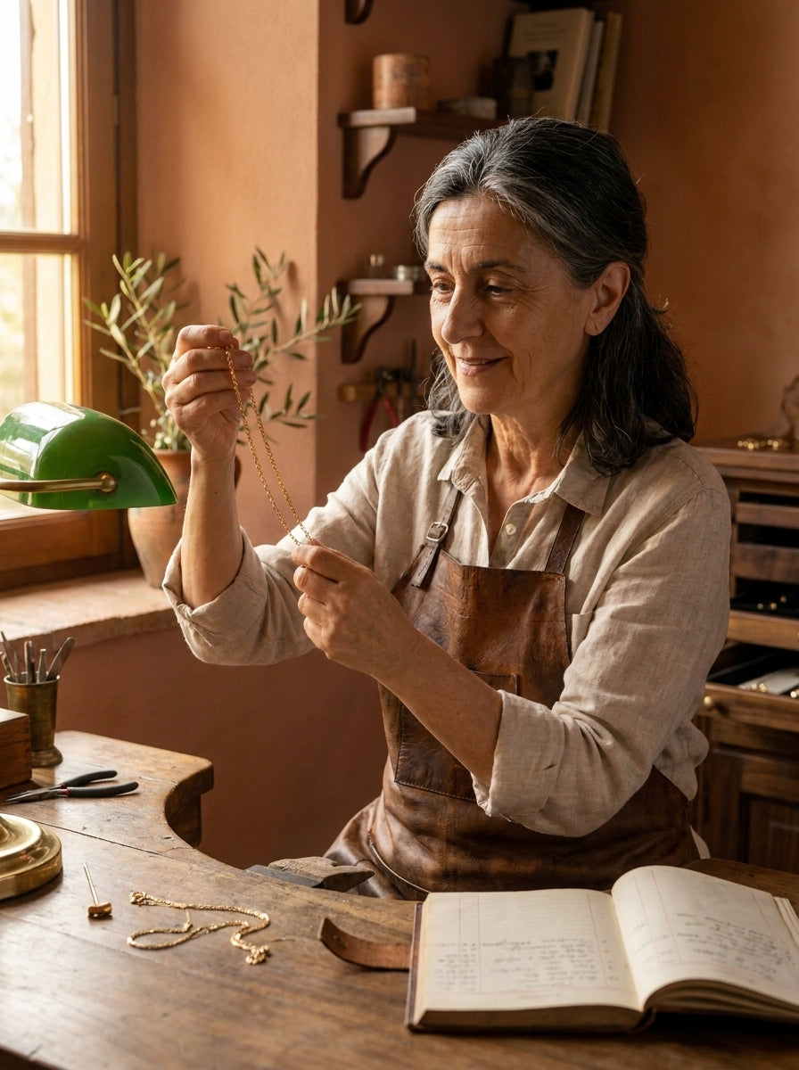 Elena Fiorini esamina una catena d oro nella bottega